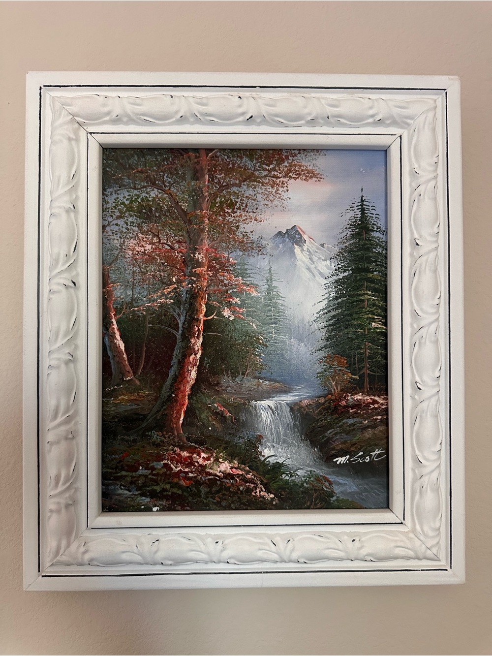 Framed Mountain Waterfall Landscape Wall Art in White Frame